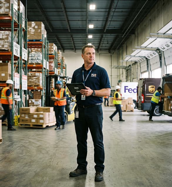 Warehouse shelves with stacked boxes and a worker walking through the aisle
