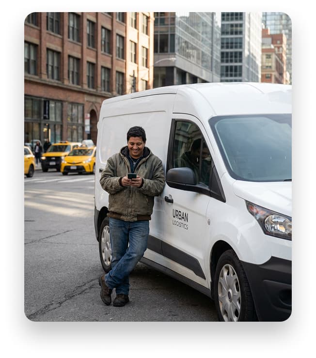 Driver unloading boxes beside an open delivery van
