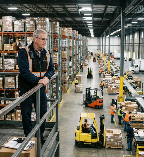 Warehouse inventory aisle with boxes and a worker moving through operations