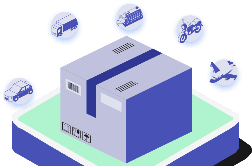 ShipPack logistics illustration — a shipping box surrounded by transport icons