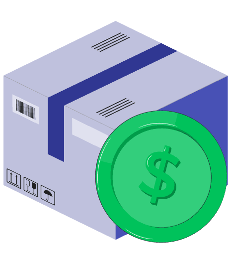 Isometric cardboard box with green dollar coin illustration